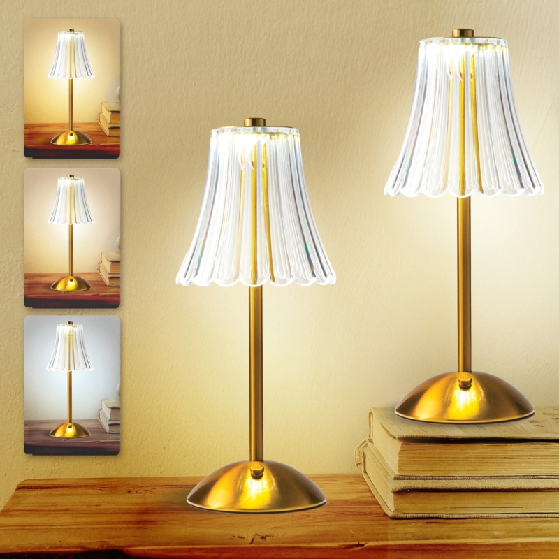 Table Lamp, Cordless Gold Finish, Faceted Faux Crystal Shade, Hourglass Shape