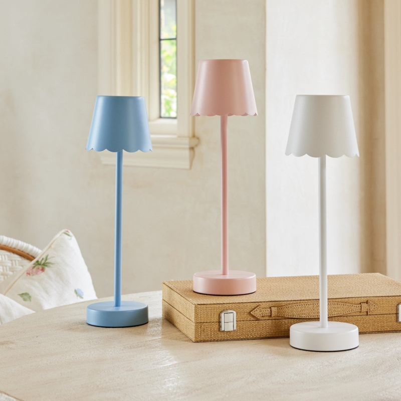 Table Lamp: Cordless LED Petite White Base, Portable Scalloped Edge Lamp