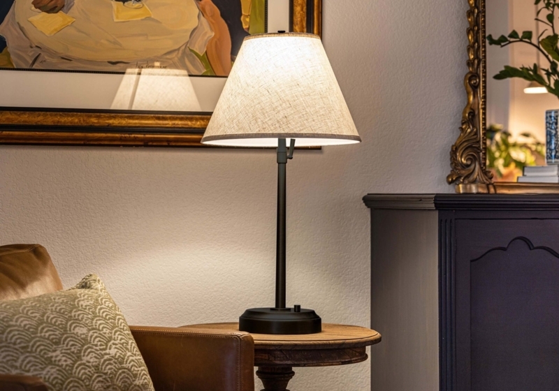 Table Lamp Cordless Matte Black Trumpet Base Beige Empire Shade