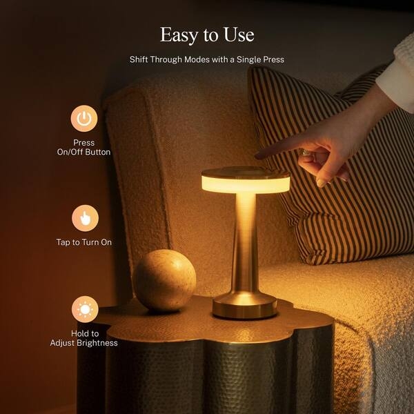 Table Lamp Cordless Polished Gold Mushroom Silhouette LED Accent