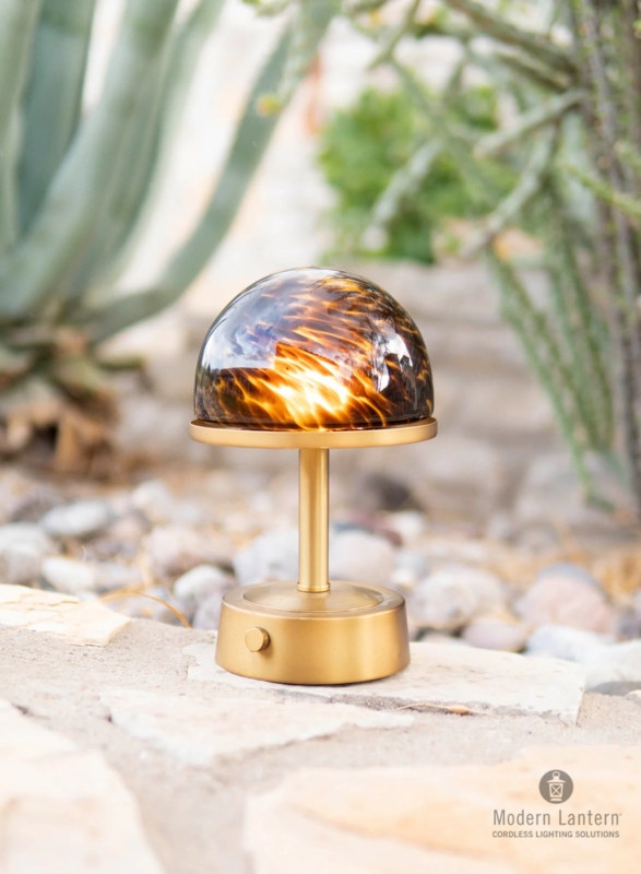 Table Lamp Cordless Tortoise Shell Glass Antique Brass Cylindrical