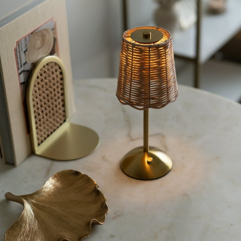 Table Lamp Cordless Woven Rattan Shade Polished Gold Boho