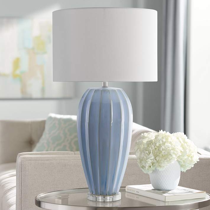 Table Lamp, Cornflower Blue Floral Porcelain, Tall Silhouette