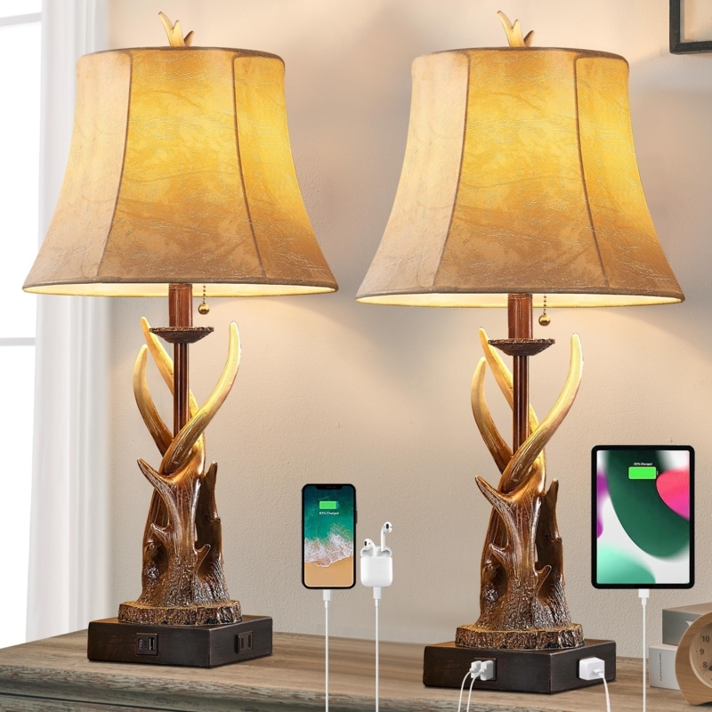 Table Lamp Cozy Cabin Brown Antler Base USB Ports Pull Chain