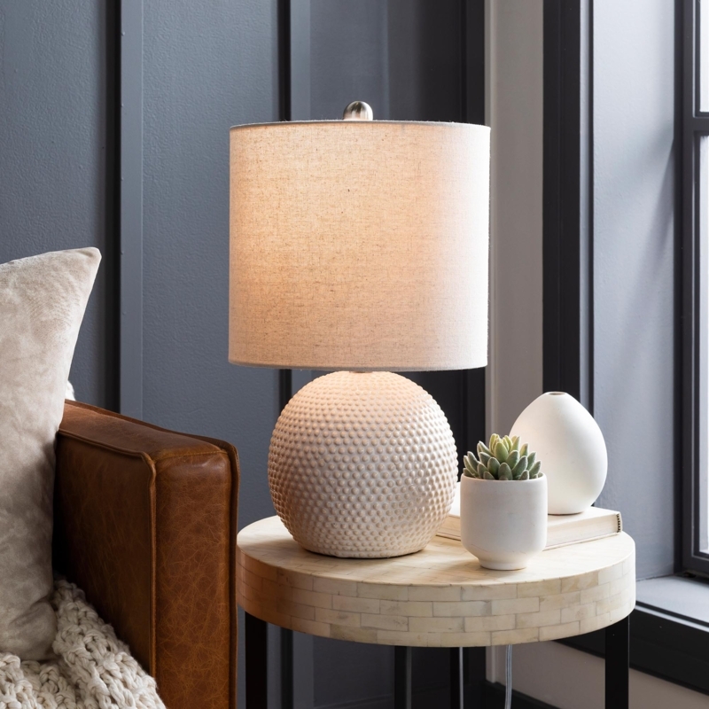 Table Lamp, Cream Ceramic Round Base with Hobnail Texture, Cottage Style.