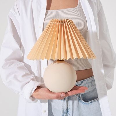 Table Lamp Cream Ribbed Ceramic Base Pleated Shade Minimalist