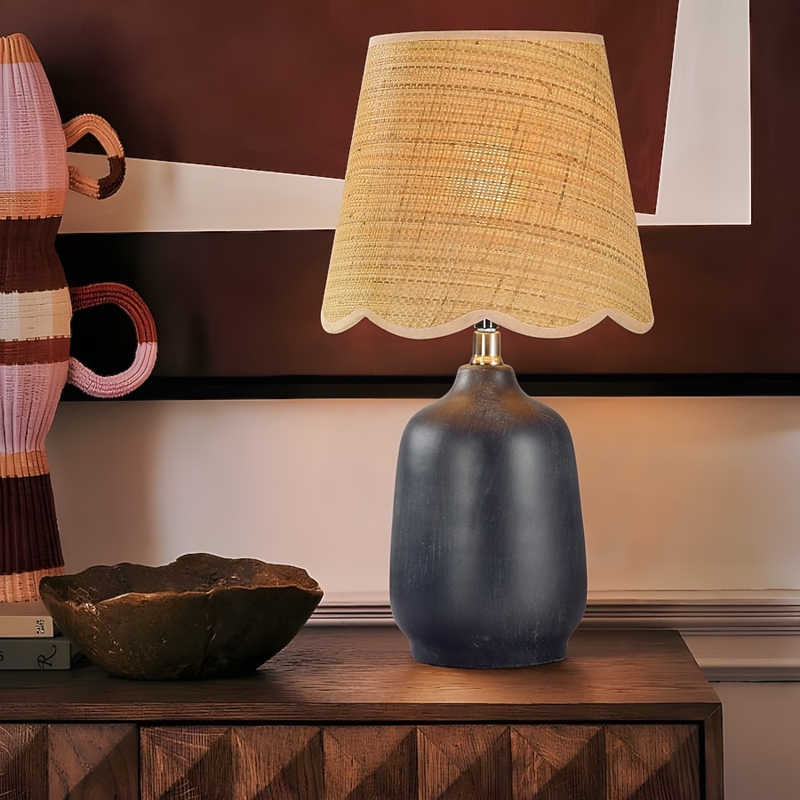 Table Lamp: Cream Ribbed Gourd Base, Scalloped Shade, Organic Modern Lamp
