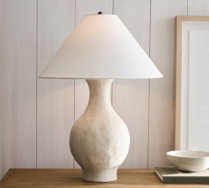 Table Lamp, Cream Speckled Ceramic Vase Silhouette, Organic Modern Style.