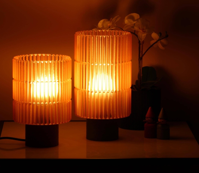 Table Lamp Cube Silhouette Hammered Texture Wood Base Amber Glass Lamp