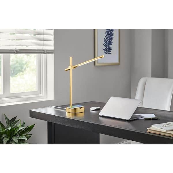 Table Lamp Curved Arm Satin Gold Wireless Charging Sleek Lamp