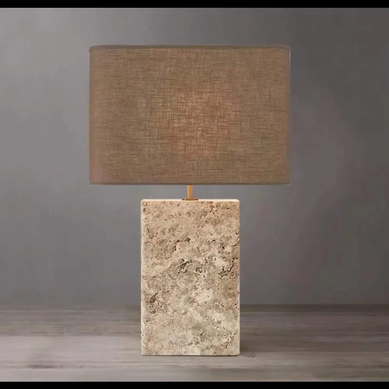 Table Lamp: Cylindrical Travertine Stone Base with Metallic Accents