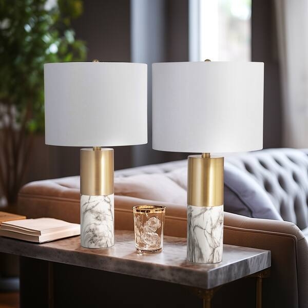 Table Lamp Cylindrical White Marble Look Base Metal Neck
