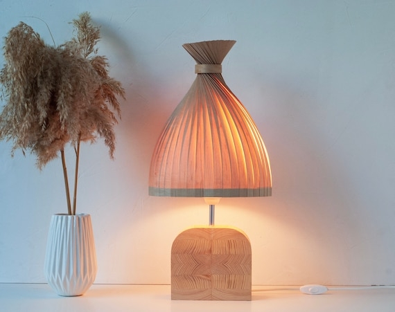 Table Lamp Cylindrical Wood Base White Shade Scandinavian Bedside