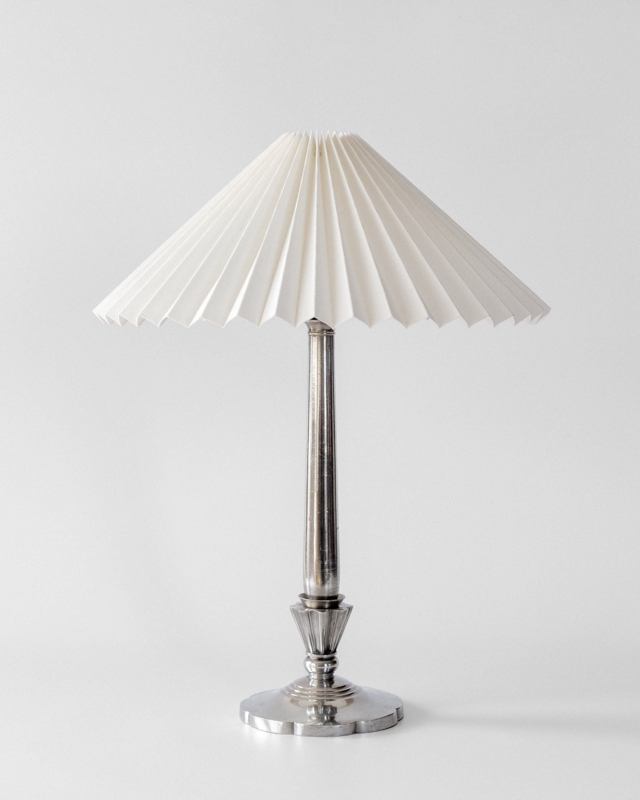 Table Lamp Danish 1930s Art Deco Stepped Metal Base Pleated Shade