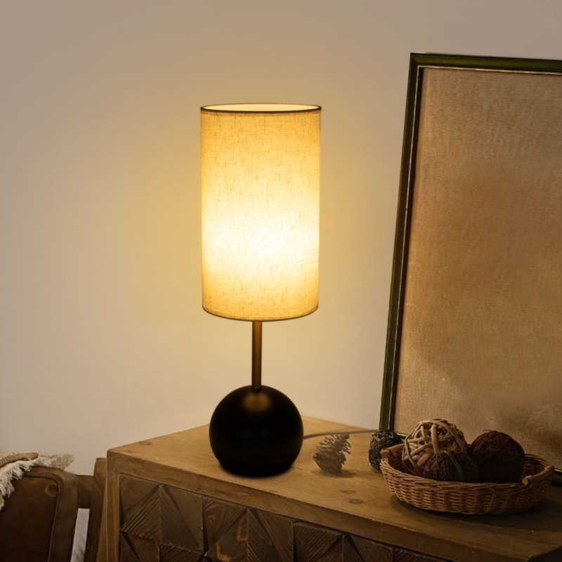 Table Lamp Dark Carved Base Linen Shade Traditional Bedside Styling Cozy