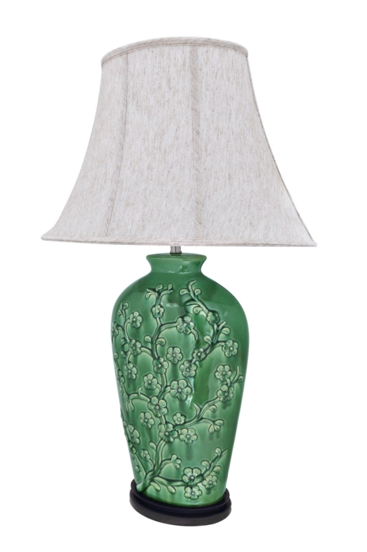 Table Lamp, Dark Green Crackle Glaze Gourd with Wood Pedestal Base.