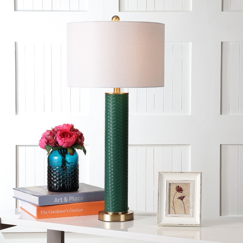 Table Lamp Dark Green Transitional Woven Texture Oversized Base