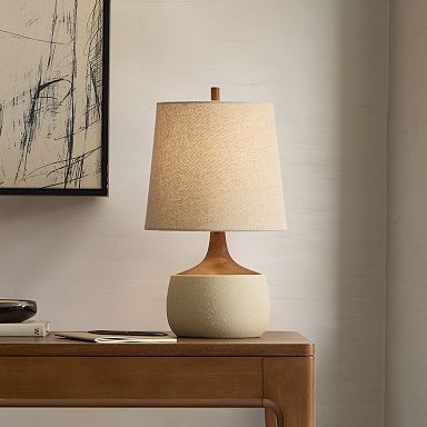 Table Lamp Dark Wood Spherical Base with Linen Drum Shade