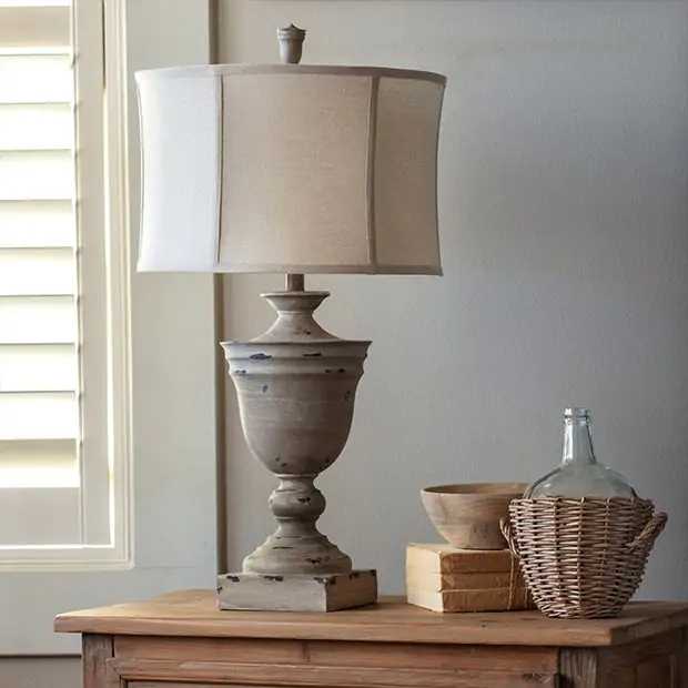 Table Lamp, Distressed Jug Base, Linen Drum Shade, Farmhouse Style
