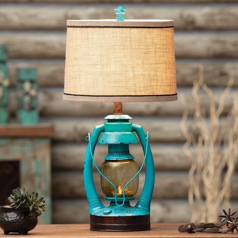 Table Lamp Distressed Turquoise Lantern Coastal Farmhouse Drum Shade