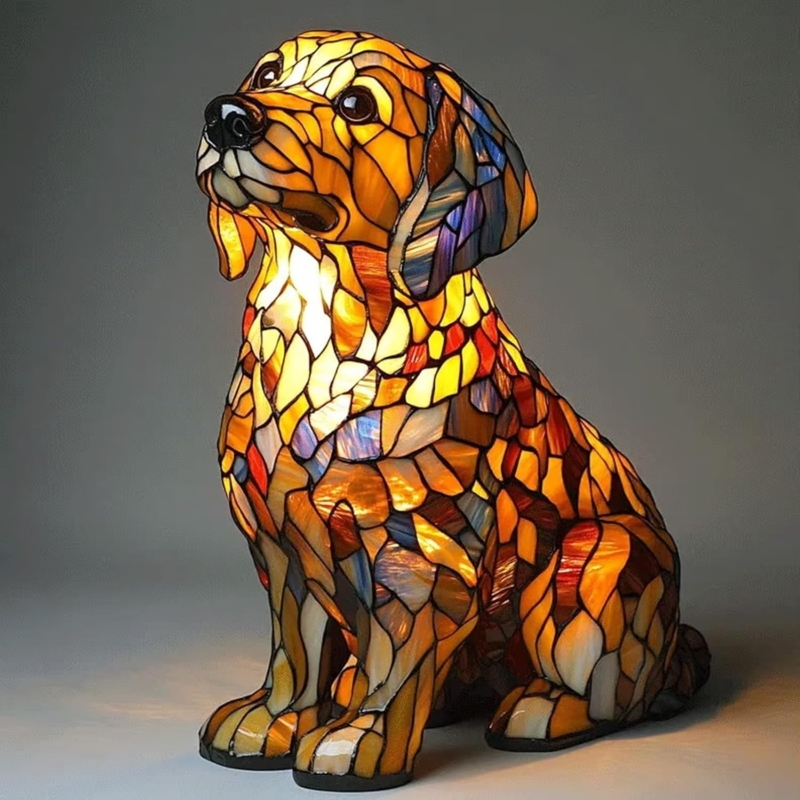 Table Lamp: Dog Shape with Stained Glass Effect, Whimsical Animal Accent.