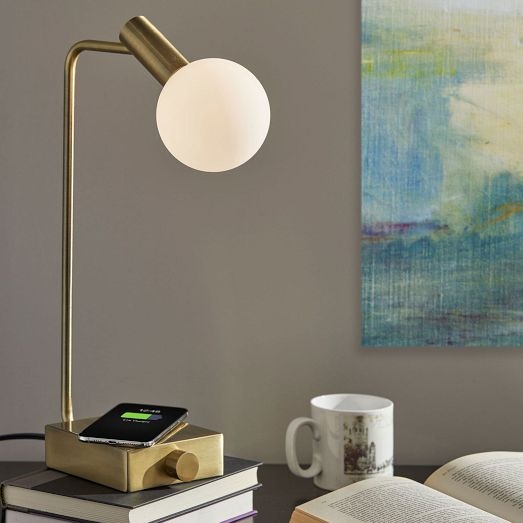 Table Lamp Dome Shade Brass Toned Finish Wireless Charging Base