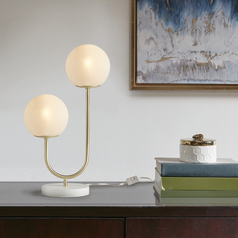 Table Lamp Double Pole Two Light Brushed Gold Staggered Globes Modern