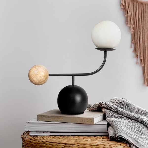 Table Lamp Dual Frosted Glass Globes Matte Black Patina Asymmetrical