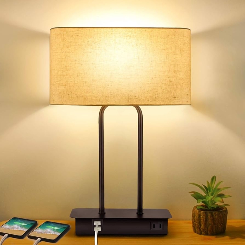 Table Lamp Dual USB AC Outlet Silver Base Modern Bedside Lamp