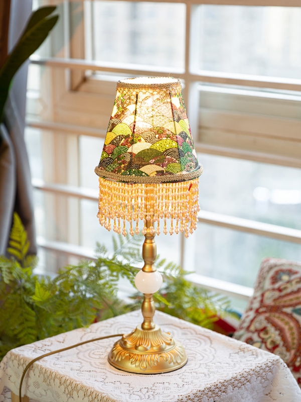 Table Lamp: Edwardian Style Ornate Bronze Base with Beaded Fringe Shade