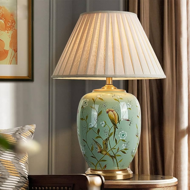 Table Lamp Emerald Green Chinoiserie Bird Motif Ginger Jar Base