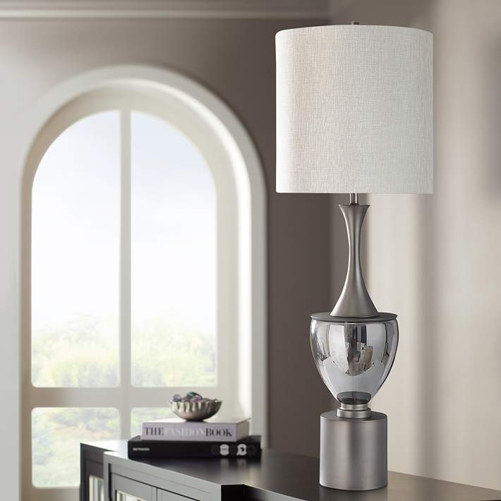 Table Lamp Extra Tall Smoked Glass Matte Pewter Slender Neck