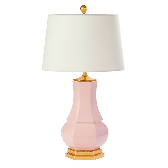 Table Lamp: Faceted Blush Base, Gold Accents, Honeycomb Texture. Glass Lamp.