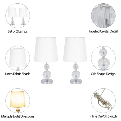 Table Lamp Faceted Crystal Base White Drum Shade Glam Contemporary