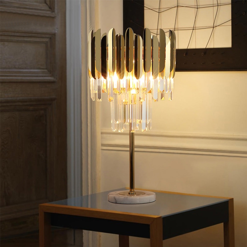 Table Lamp Faceted Crystal Pillar Polished Gold - faceted glass lamp with gold