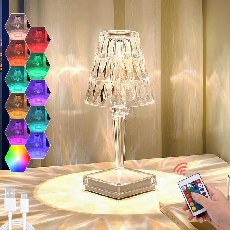 Table Lamp, Faceted Crystal Rose Light Projection, Cordless Color Changing