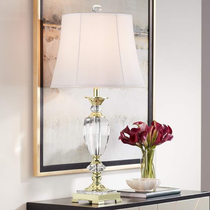 Table Lamp Faceted Crystal Tapered Base White Drum Shade Elegant