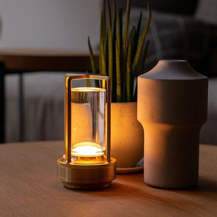 Table Lamp Faceted Cylinder Geometric Frame Polished Gold Lantern Lamp