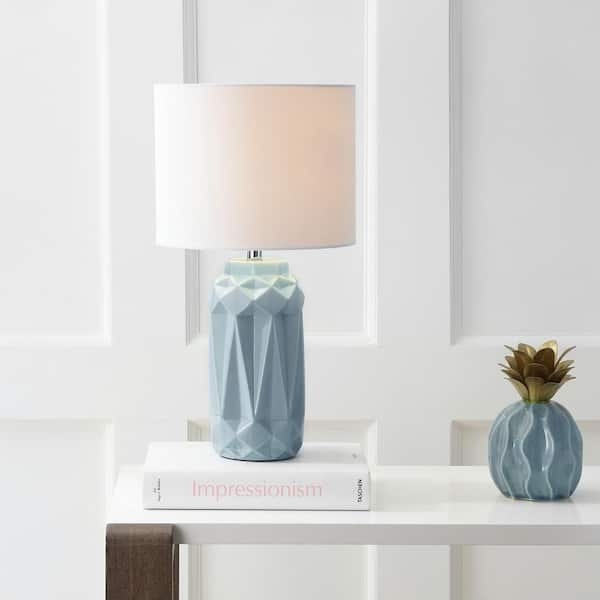 Table Lamp, Faceted Geometric Base, Light Blue, Modern