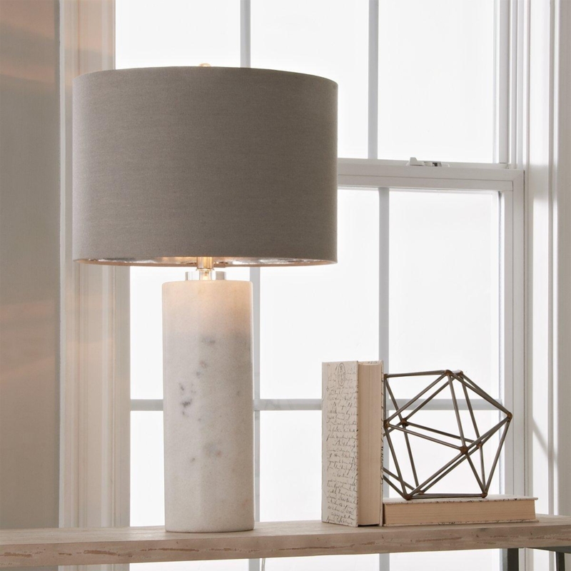 Table Lamp Faceted Sculptural Marble Base Gray and White Drum Shade