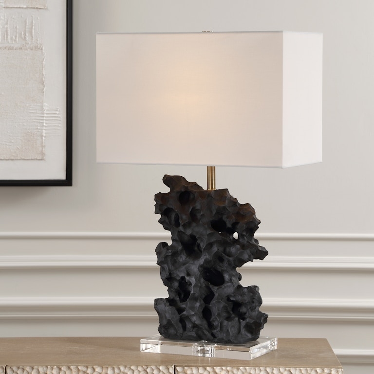 Table Lamp Faceted Stone Base Rectangular Fabric Shade, Modern Black Stone Table Lamp
