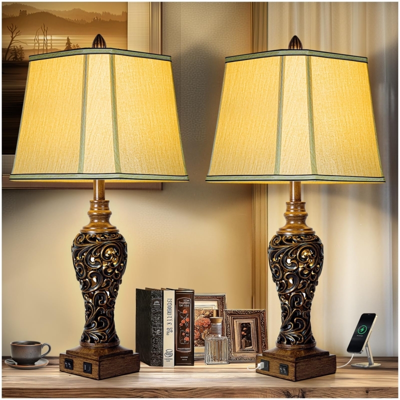 Table Lamp Farmhouse Lantern Nightlight Base USB Ports