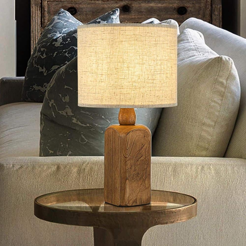 Table Lamp Farmhouse Turned Wood Base Honey Brown Finish Drum Shade
