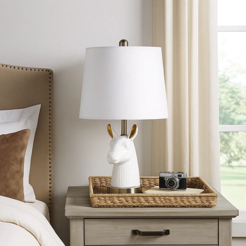Table Lamp Featuring Sculptural White Llama Head Base and Gold Finish.