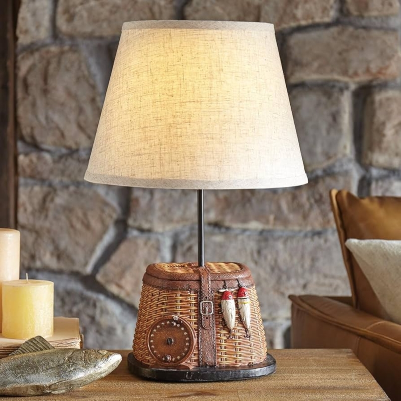 Table Lamp Fishing Creel Base Woven Texture Rustic Lodge