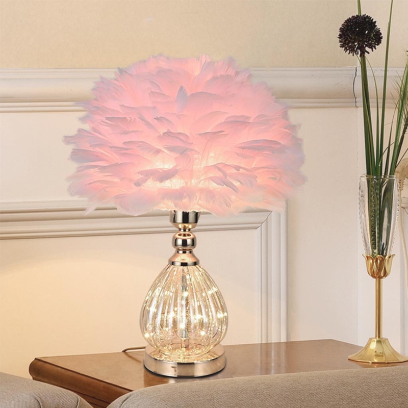 Table Lamp Fluffy Feather Shade Teardrop Glass Base Glamorous Bedside