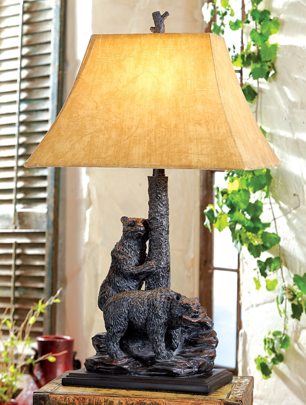 Table Lamp Foraging Bear Sculpture Base Whipstitch Trim Lodge