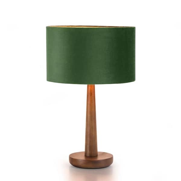 Table Lamp Forest Green Velvet Shade Sculptural Walnut Base Retro Style
