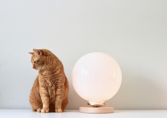 Table Lamp Frosted Glass Bubble Wood And Brass Base Large Globe
