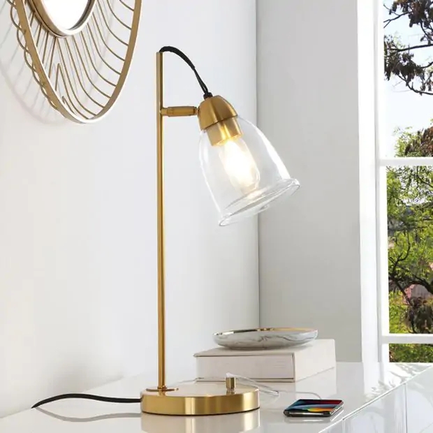 Table Lamp Geometric Base USB Charging Port Gold Finish Open